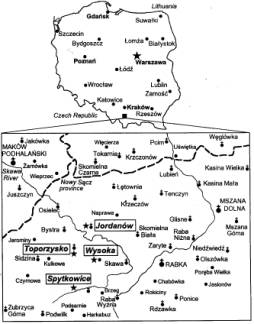 Map of Poland with an enlargement of the area south of Krakow